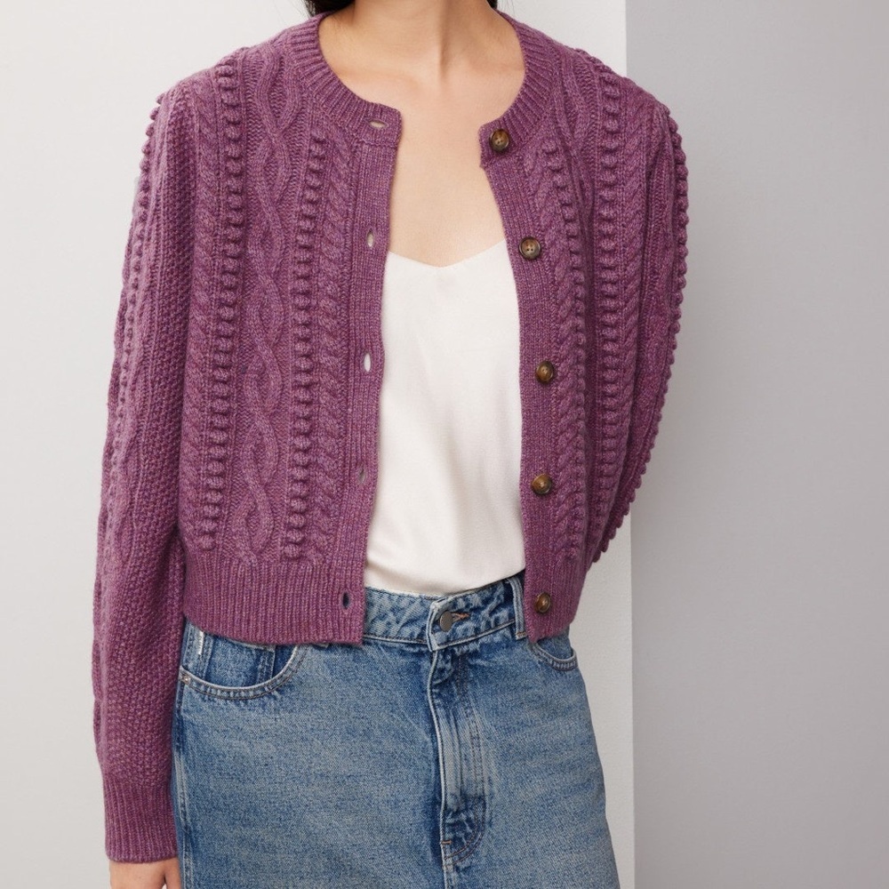 NWT Polo Ralph Lauren Cable Bubble Knit Cardigan XL Purple Wool Alpaca Fisherman